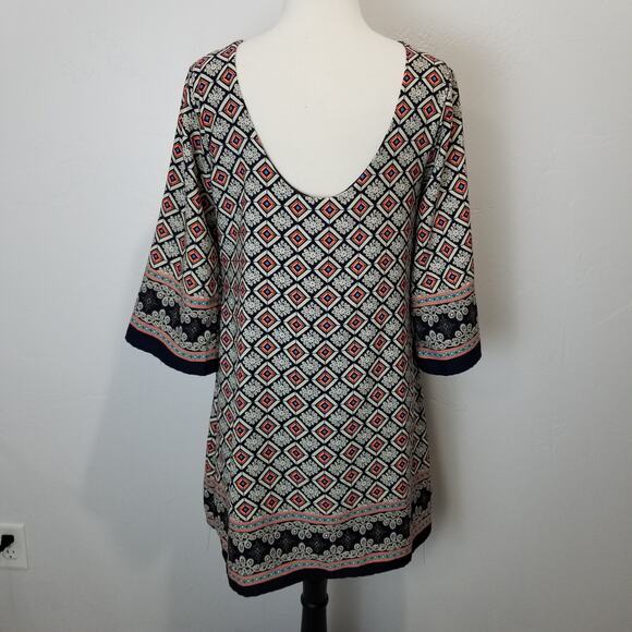Harper Dress Size Large Shift Beaded Boho 3/4 Sleeve Geometric Batik Pattern - Picture 3 of 13